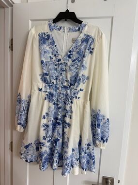 Premier Cream and Blue Floral Long Sleeve Dress
